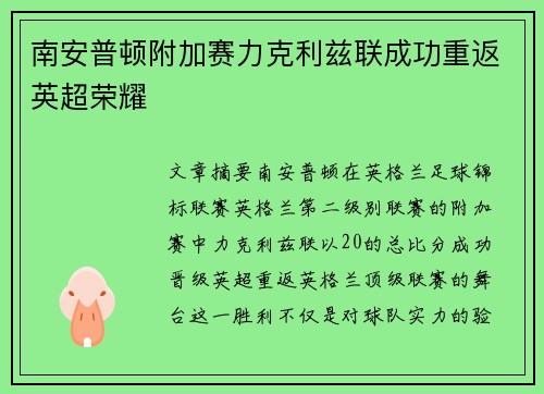 南安普顿附加赛力克利兹联成功重返英超荣耀